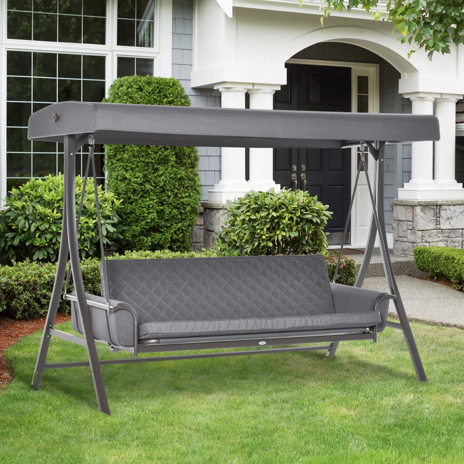 Outsunny 3-Seat Patio Swing Chair, Converting Flatbed, Outdoor Porch Swing Glider With Adjustable Canopy, Removable Cushions, Pillows For Garden, Poolside, Backyard, Gray 8 Outsunny 3-Seat Patio Swing Chair, Converting Flatbed, Outdoor Porch Swing Glider With Adjustable Canopy, Removable Cushions, Pillows For Garden, Poolside, Backyard, Gray - Image 8