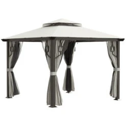 Outsunny 10' X 10' Patio Gazebo, Double Vented 2-Tier Roof, Privacy Curtains, Mesh Netting, Aluminum Frame With Steel Support, Outdoor Canopy Shelter, Cream White