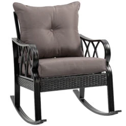 Outsunny Outdoor Wicker Rocking Chair With Padded Cushions, Aluminum Furniture Rattan Porch Rocker Chair W/ Armrest For Garden, Patio, And Backyard, Grey