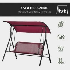 Outsunny 3-Person Porch Swing Bench With Stand & Adjustable Canopy, Armrests, Steel Frame For Outdoor, Garden, Patio, Porch & Poolside, Wine Red -Outsunny va2b101875514c471