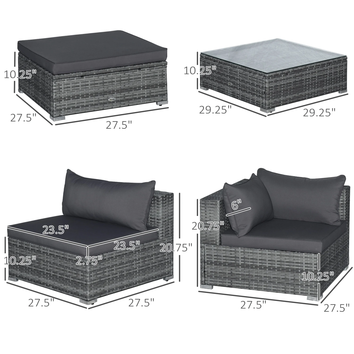 Outsunny Patio Furniture Set, 8 Pieces, Sectional Sofa, All Weather PE Plastic Rattan Conversation Set, Tempered Glass Table, 6 Seats, 1 Ottoman Footstool, Soft Cushions For Lawn, Backyard, Grey 3 Outsunny Patio Furniture Set, 8 Pieces, Sectional Sofa, All Weather PE Plastic Rattan Conversation Set, Tempered Glass Table, 6 Seats, 1 Ottoman Footstool, Soft Cushions For Lawn, Backyard, Grey - Image 3