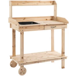 Outsunny 36'' Wooden Potting Bench Work Table With 2 Removable Wheels, Sink, Drawer & Large Storage Spaces, Natural -Outsunny vrJ42d17e684426f0