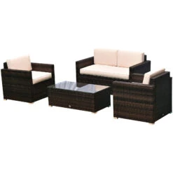 Outsunny 4 Piece Wicker Patio Furniture Set With Cushions, Outdoor Sectional Furniture With 2 Sofa, Loveseat, And Glass Top Coffee Table, Conversation Sofa Sets For Garden, Beige