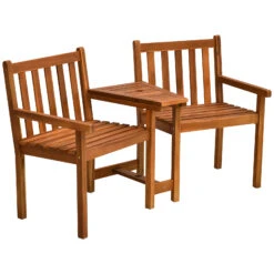 Outsunny Acacia Wood Outdoor Slatted Tete A Tete Bench Chair With Umbrella Hole