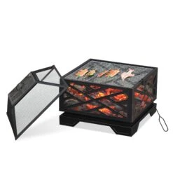 Outsunny 26" Outdoor Steel Square Fire Pit With Grill Net For BBQ, Safety Spark/Ember Cover & Classic Stylish Appearance