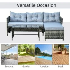 Outsunny 3 Piece Patio Furniture Set, Rattan Outdoor Sofa Set With Chaise Lounge & Loveseat, Soft Cushions, Tempered Glass Table, L-Shaped Sectional Couch, Light Gray -Outsunny wZ238a17e698dc214
