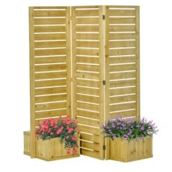 Outsunny Wood Privacy Screen W/ 4 Planter Box, Raised Bed W/ 3 Panels & Drainage Holes