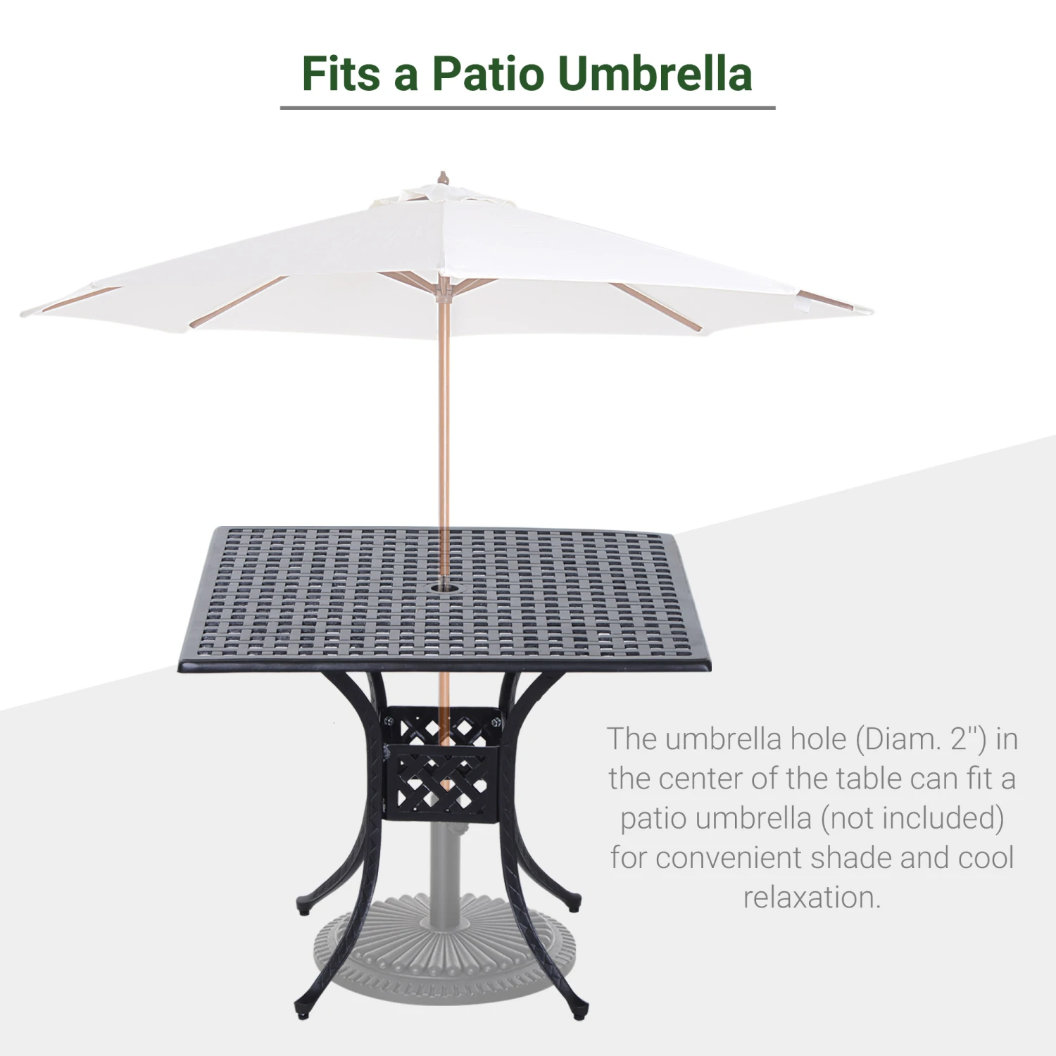 Outsunny 36" Square Patio Table With 2" Dia Umbrella Hole, Cast Aluminum Outdoor Dining Table, Outdoor Bistro Table For Garden, Backyard, Porch, Black 5 Outsunny 36" Square Patio Table With 2" Dia Umbrella Hole, Cast Aluminum Outdoor Dining Table, Outdoor Bistro Table For Garden, Backyard, Porch, Black - Image 5