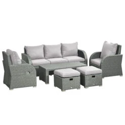 Outsunny 6-Piece Outdoor Rattan Patio Sectional Sofa Set With 3-Seat Couch, 2 Recliners, 2 Ottoman Footrests, & Coffee Table Conversation Set, Light Grey