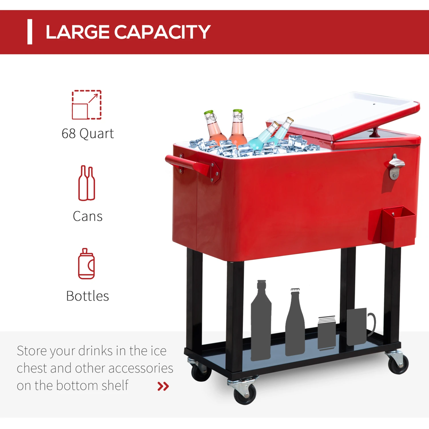 Outsunny 80 QT Rolling Cooling Bins Ice Chest On Wheels Outdoor Stand Up Drink Cooler Cart For Party, Red 4 Outsunny 80 QT Rolling Cooling Bins Ice Chest On Wheels Outdoor Stand Up Drink Cooler Cart For Party, Red - Image 4