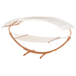 Outsunny Outdoor Hammock With Stand & Accessories, Heavy Duty Wooden Frame, Extra Large Sun Shade Canopy, Indoor Outside Boho Style Nap Bed, Natural Cotton, White