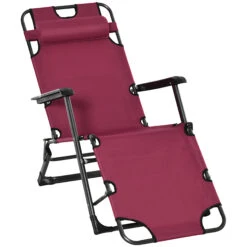 Outsunny Tanning Chair, 2-in-1 Beach Lounge Chair & Camping Chair W/ Pillow & Pocket, Adjustable Chaise For Sunbathing Outside, Patio, Poolside, Red