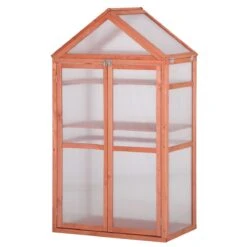 Outsunny 32" X 19" X 54" Garden Wood Cold Frame Greenhouse Flower Planter With Adjustable Shelves, Double Doors, Orange -Outsunny xP9ed217e684424fb