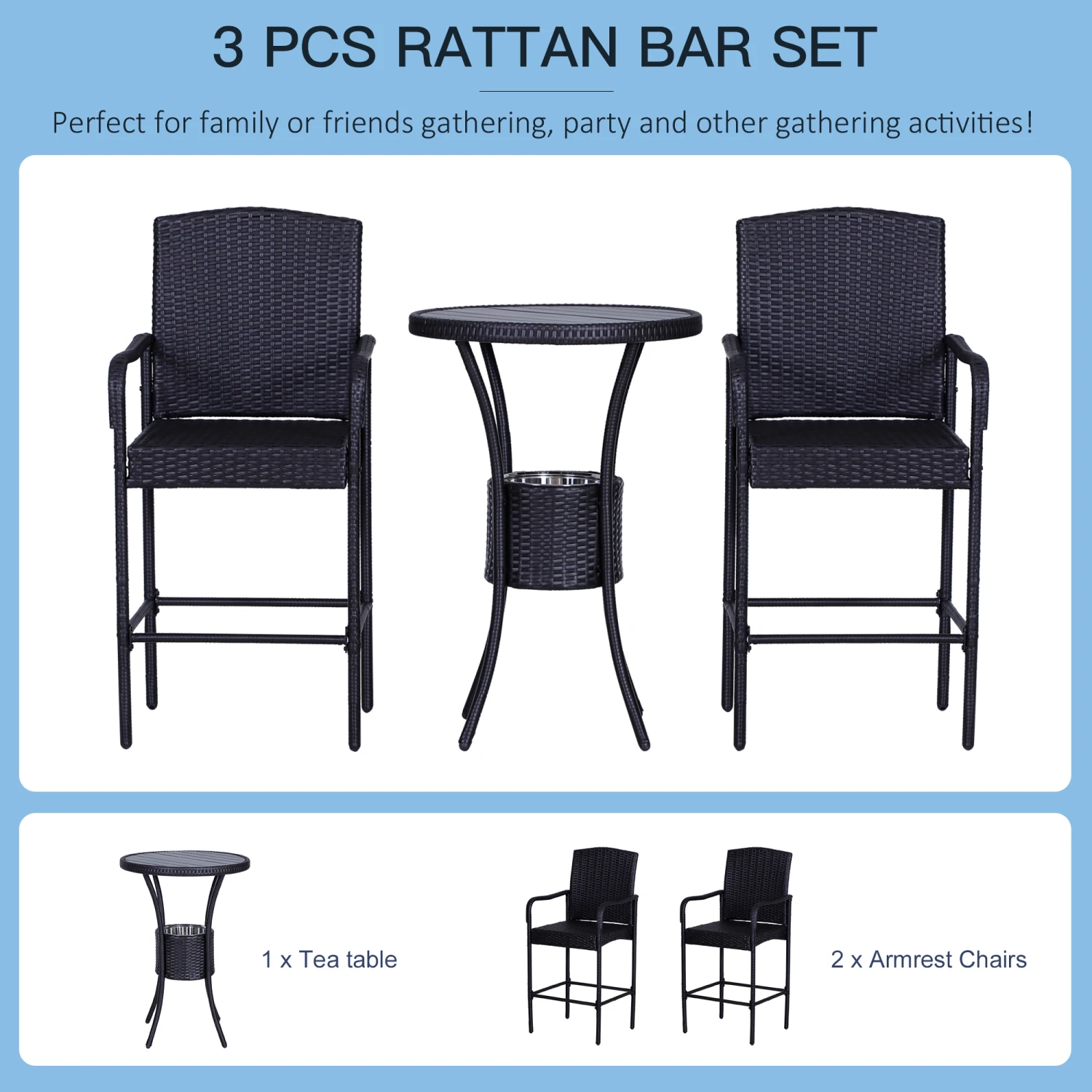 Outsunny Rattan Wicker Bar Set For 3 PCS With Ice Buckets, Patio Furniture With 1 Bar Table And 2 Bar Stools For Poolside, Backyard, Porches 4 Outsunny Rattan Wicker Bar Set For 3 PCS With Ice Buckets, Patio Furniture With 1 Bar Table And 2 Bar Stools For Poolside, Backyard, Porches - Image 4