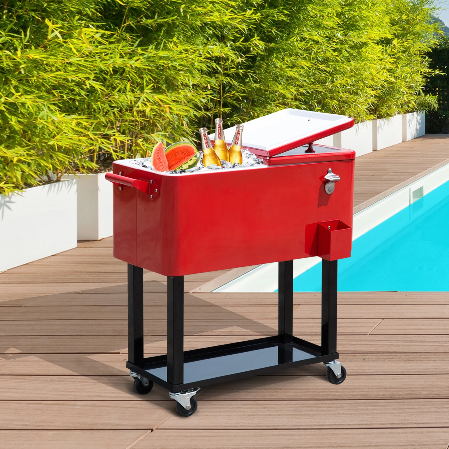 Outsunny 80 QT Rolling Cooling Bins Ice Chest On Wheels Outdoor Stand Up Drink Cooler Cart For Party, Red 2 Outsunny 80 QT Rolling Cooling Bins Ice Chest On Wheels Outdoor Stand Up Drink Cooler Cart For Party, Red - Image 2