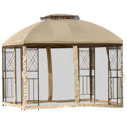 Outsunny 10' X 10' Patio Gazebo With Corner Shelves, Double Roof Outdoor Gazebo Canopy Shelter With Removable Mesh Netting, For Garden, Lawn, Backyard And Deck, Beige