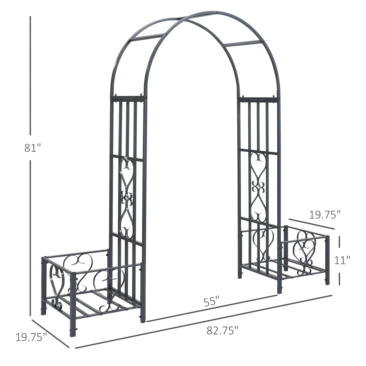 Outsunny 6.7' Steel Garden Arch Arbor With Scrollwork Hearts, Planter Boxes For Climbing Vines, Ceremony, Weddings, Party, Backyard, Lawn, Gray 3 Outsunny 6.7' Steel Garden Arch Arbor With Scrollwork Hearts, Planter Boxes For Climbing Vines, Ceremony, Weddings, Party, Backyard, Lawn, Gray - Image 3