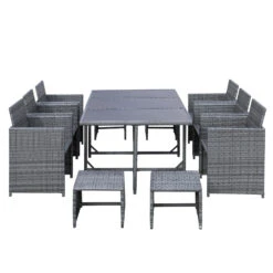Outsunny 11 PCS Patio Dining Set Outdoor Rattan Wicker Furniture Set With Space Saving Chairs, Glass Top Table And Cushion, Mixed Grey -Outsunny xrmd4d18181c397a2