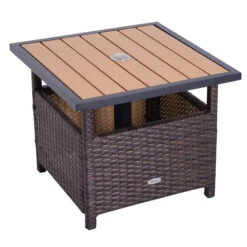 Outsunny 22'' Rattan Wicker Side Table With Steel Frame, Umbrella Insert Hole, Sand Bag For Outdoor, Patio, Garden, Backyard, Brown -Outsunny xrx4d217e6b5778c6