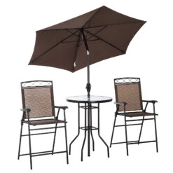Outsunny Bistro Porch Furniture, Set Of 2 Patio Chairs, Folding, Small Outdoor Dining Table, Textured Glass, Angle Adjustable Umbrella, Brown