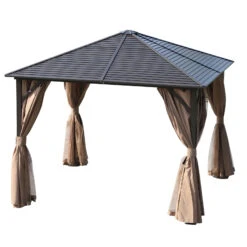 Outsunny 10' X 10' Hardtop Gazebo Canopy With Galvanized Steel Roof, Aluminum Frame, Hook, Outdoor Gazebo With Netting And Curtains For Patio, Garden, Backyard, Deck, Lawn, Light Brown