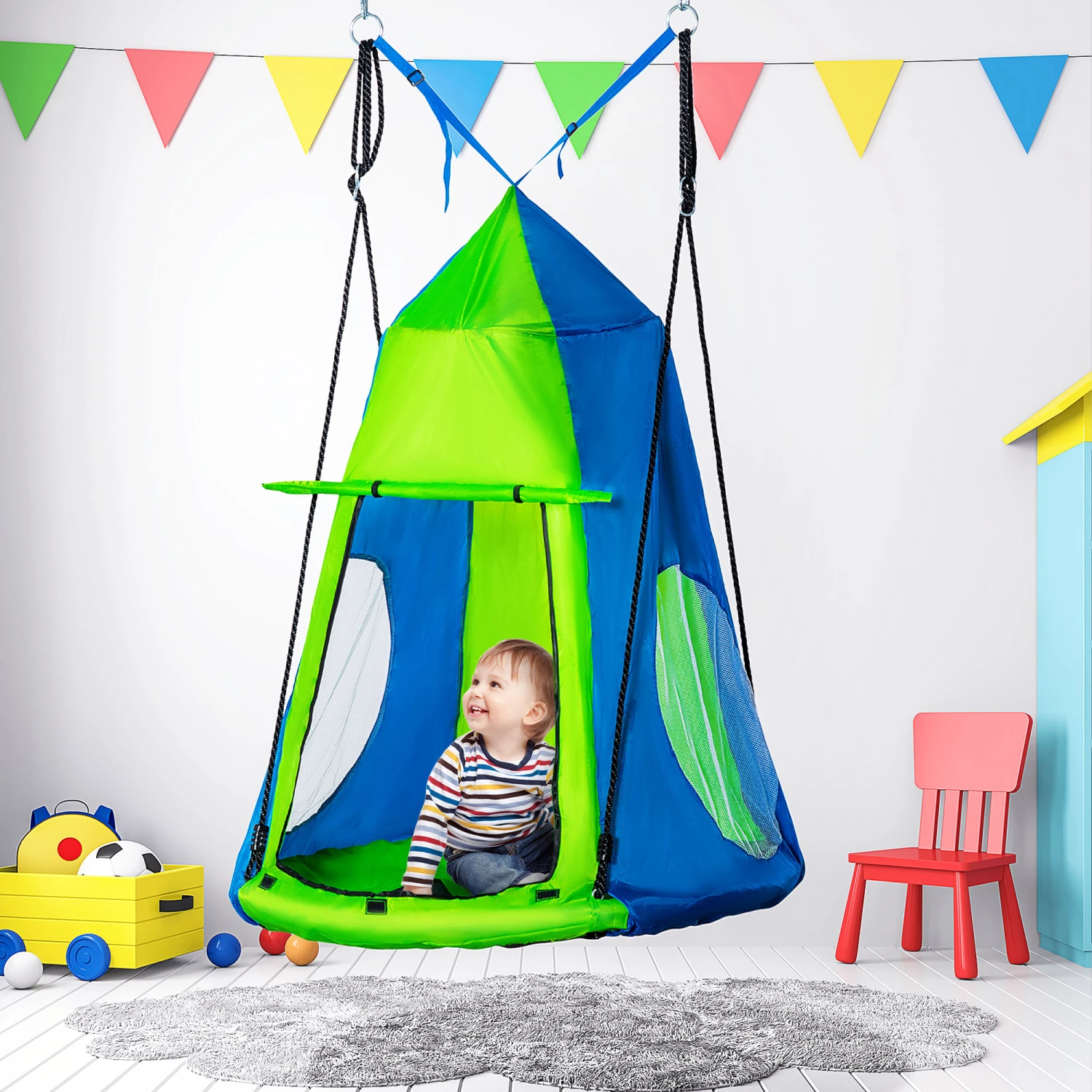 Outsunny Kids Pod Swing, Waterproof Flat/Tent Chair Seat, Ventilating Hanging Swing, With Screen Window, Rolling Door, For Indoor & Outdoor Use, Green 2 Outsunny Kids Pod Swing, Waterproof Flat/Tent Chair Seat, Ventilating Hanging Swing, With Screen Window, Rolling Door, For Indoor & Outdoor Use, Green - Image 2