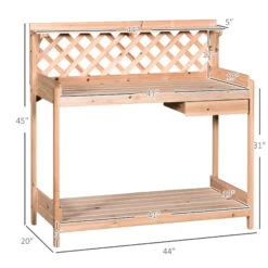Outsunny Outdoor Garden Potting Bench, Wooden Workstation Table W/ Drawer, Hooks, Open Shelf, Lower Storage And Lattice Back For Patio, Backyard And Porch -Outsunny y8s9a417ed37bb3d2