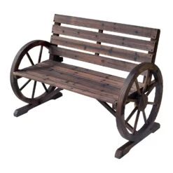 Outsunny Wooden Wagon Wheel Bench, Rustic Outdoor Patio Furniture, 2-Person Seat Bench With Backrest, Carbonized