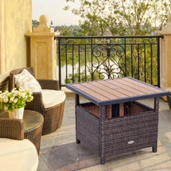 Outsunny 22'' Rattan Wicker Side Table With Steel Frame, Umbrella Insert Hole, Sand Bag For Outdoor, Patio, Garden, Backyard, Brown -Outsunny yKm90f18316b5407c