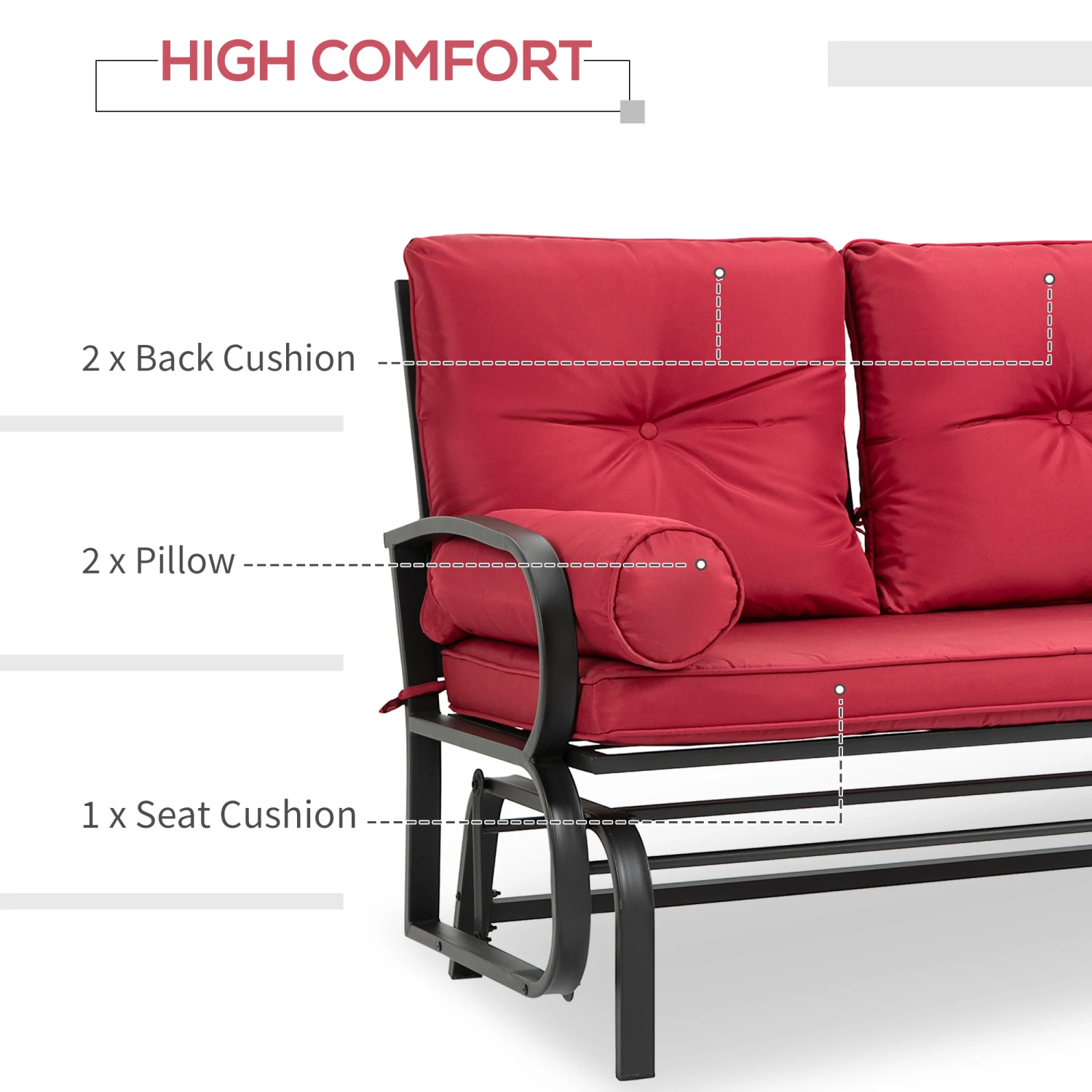 Outsunny 2-Person Outdoor Glider Chair, Patio Double Rocking Loveseat W/ Cushions, Red 5 Outsunny 2-Person Outdoor Glider Chair, Patio Double Rocking Loveseat W/ Cushions, Red - Image 5