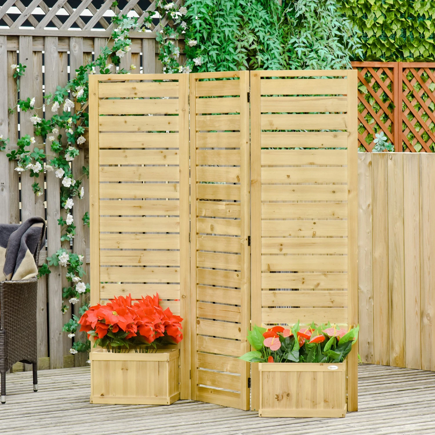 Outsunny Wood Privacy Screen W/ 4 Planter Box, Raised Bed W/ 3 Panels & Drainage Holes 2 Outsunny Wood Privacy Screen W/ 4 Planter Box, Raised Bed W/ 3 Panels & Drainage Holes - Image 2