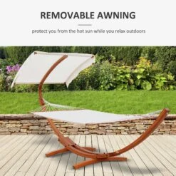 Outsunny Outdoor Hammock With Stand & Accessories, Heavy Duty Wooden Frame, Sun Shade Visor Canopy, Indoor Outside Boho Style Nap Bed, Natural Cotton, White 17 Outsunny Outdoor Hammock With Stand & Accessories, Heavy Duty Wooden Frame, Sun Shade Visor Canopy, Indoor Outside Boho Style Nap Bed, Natural Cotton, White -Outsunny ygn75617fe800dff9
