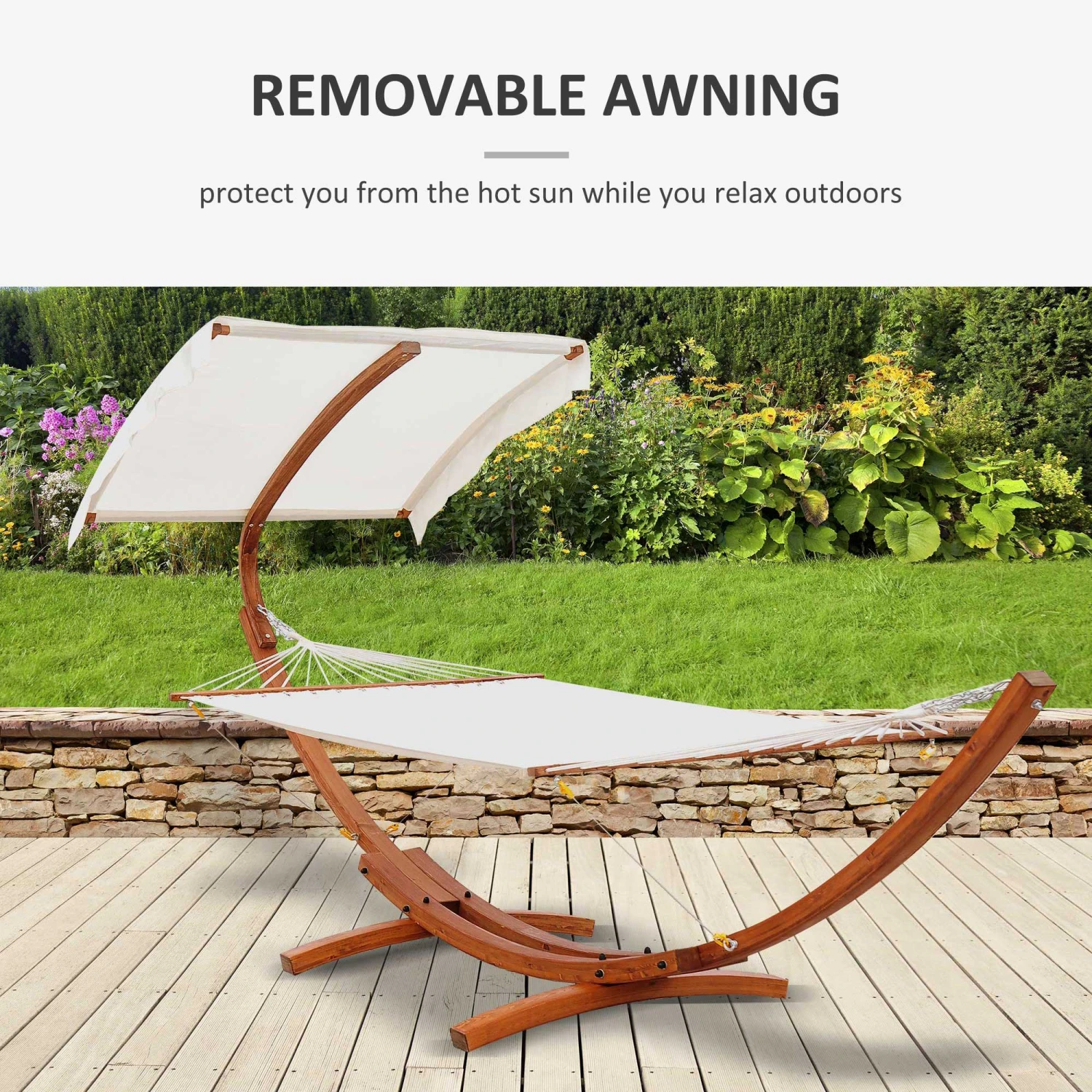 Outsunny Outdoor Hammock With Stand & Accessories, Heavy Duty Wooden Frame, Sun Shade Visor Canopy, Indoor Outside Boho Style Nap Bed, Natural Cotton, White 7 Outsunny Outdoor Hammock With Stand & Accessories, Heavy Duty Wooden Frame, Sun Shade Visor Canopy, Indoor Outside Boho Style Nap Bed, Natural Cotton, White - Image 7