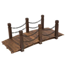 Outsunny Wooden Garden Bridge Arc Stained Finish Walkway With Metal Chain Railings