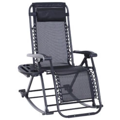 Outsunny Outdoor Rocking Chairs, Foldable Reclining Zero Gravity Lounge Rocker W/ Pillow, Cup & Phone Holder, Combo Design W/ Folding Legs, Black