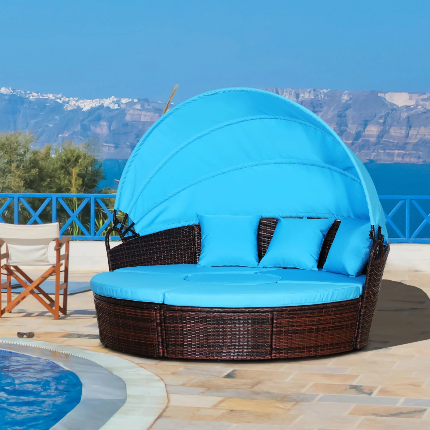Outsunny 4pc Rattan Patio Furniture Set, Round Convertible Daybed Or Sunbed, Adjustable Sun Canopy, Sectional Outdoor Sofa, 2 Chairs, Table, 3 Pillows, PE Plastic Wicker, Blue 2 Outsunny 4pc Rattan Patio Furniture Set, Round Convertible Daybed Or Sunbed, Adjustable Sun Canopy, Sectional Outdoor Sofa, 2 Chairs, Table, 3 Pillows, PE Plastic Wicker, Blue - Image 2