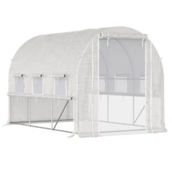 Outsunny 10' X 7' X 7' Walk-in Tunnel Greenhouse, Outdoor Plant Nursery With Anti-Tear PE Cover, Zipper Doors And Mesh Windows, White