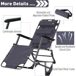 Outsunny Tanning Chair, 2-in-1 Beach Lounge Chair & Camping Chair W/ Pillow & Pocket, Adjustable Chaise For Sunbathing Outside, Patio, Poolside, Gray 19 Outsunny Tanning Chair, 2-in-1 Beach Lounge Chair & Camping Chair W/ Pillow & Pocket, Adjustable Chaise For Sunbathing Outside, Patio, Poolside, Gray -Outsunny z3e3b617e6a5728a5