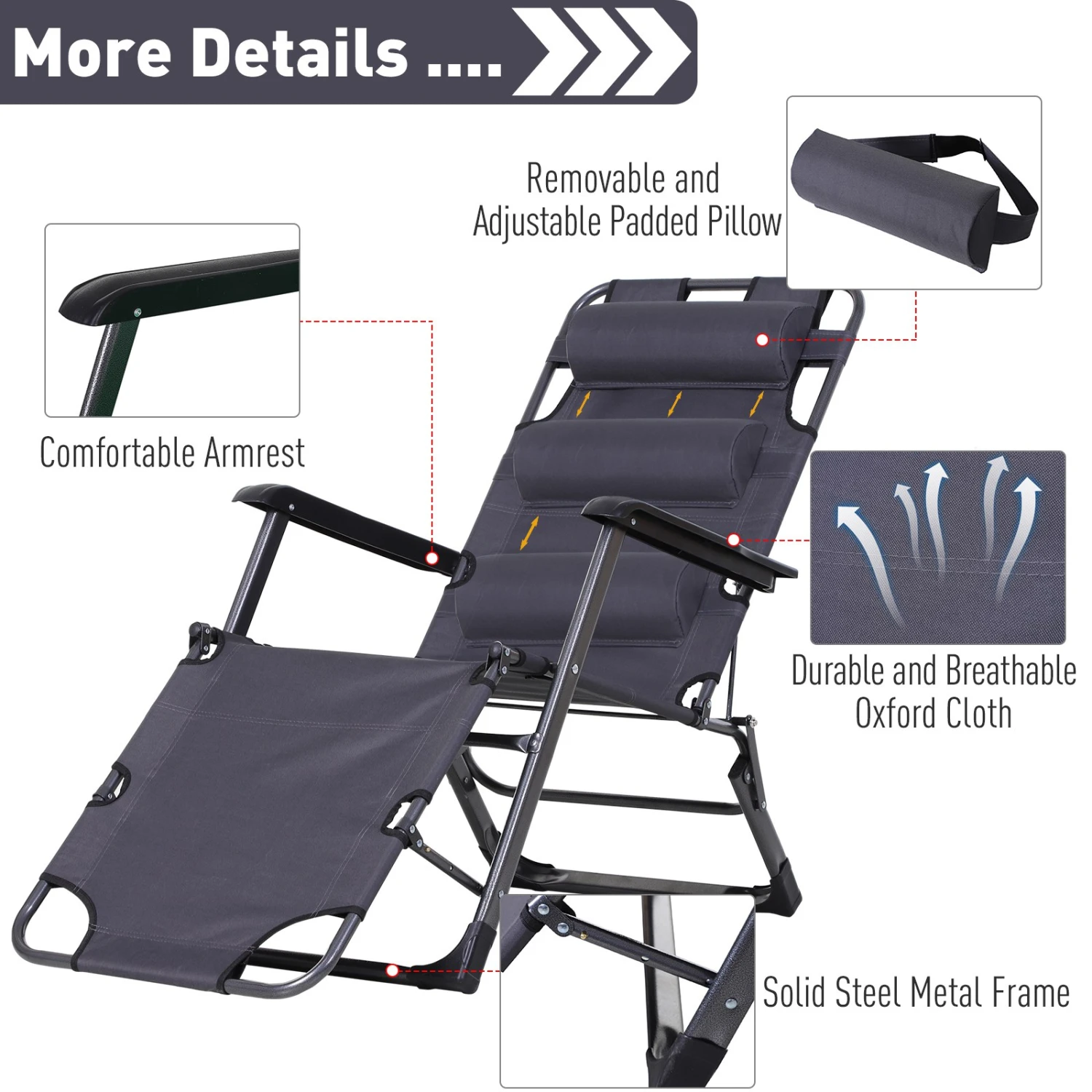 Outsunny Tanning Chair, 2-in-1 Beach Lounge Chair & Camping Chair W/ Pillow & Pocket, Adjustable Chaise For Sunbathing Outside, Patio, Poolside, Gray 5 Outsunny Tanning Chair, 2-in-1 Beach Lounge Chair & Camping Chair W/ Pillow & Pocket, Adjustable Chaise For Sunbathing Outside, Patio, Poolside, Gray - Image 5