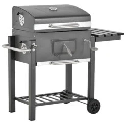 Outsunny 45" Charcoal BBQ Grill And Smoker Combo Outdoor Portable Trolley Camping Picnic Backyard With Side Shelf, Grey