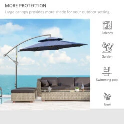 Outsunny 9' Offset Patio Umbrella With Base, Steel Hanging Cantilever Umbrella, 2-Tier Easy Tilt Polyester Shade, 8 Ribs, Crank, Cross Base, Dark Blue -Outsunny z7e756180fa560828