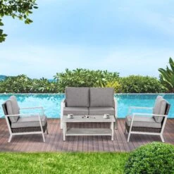 Outsunny 5 Piece Patio Furniture Conversation Set, Outdoor Aluminum With PE Wicker Accents, Loveseat Sofa & 2 Chairs With Cushions, 2-Tier Side & Coffee Table For Backyard, Porch, Gray -Outsunny zAa6ff1802bbafc71
