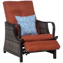 Outsunny Outdoor Patio Recliner With All Hand-Woven Wicker, Adjustable Lounge Chair W/ Cushions, Rust-Resistant Metal Frame For Backyard, Garden, Patio, Red