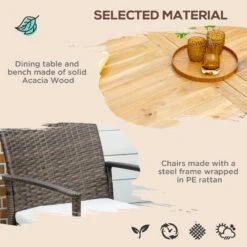 Outsunny Outdoor Dining Set For 6, Patio Dining Furniture Set With PE Wicker Chairs, Armrests, Acacia Wood Loveseat Bench & Dinner Table, Cushions, White -Outsunny zQz4e5189673a488e