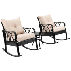 Outsunny 3-Piece Rocking Chair Bistro Set, Wicker Conversation Set, Outdoor Patio Rattan Furniture Set With Tempered Glass Side Table For Garden Or Backyard, Khaki