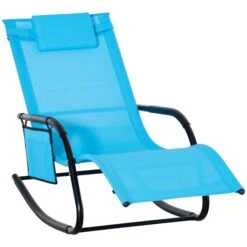 Outsunny Outdoor Rocking Chair, Chaise Lounge Pool Chair For Sun Tanning, Sunbathing, A Rocker With Side Pocket, Armrests & Pillow For Patio, Lawn, Beach, Blue