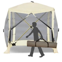 Outsunny Pop Up Camping Canopy Gazebo Screen Shelter Tent With Single Person Easy Set-Up, Ventilating Mesh, Portable Carry Bag For Outdoor Camping Party Event, 7x7FT, Beige