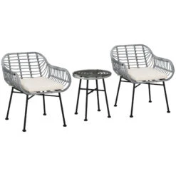 Outsunny 3 Piece Patio Set, Outdoor Bistro Furniture, PE Rattan Wicker Table And Chairs, Cushioned, Hand Woven, Modern Look With Tempered Glass For Garden, Porch, Pool, Backyard, Cream White