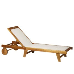 Outsunny Mesh Acacia Wood Adjustable Outdoor Sun Lounger With Wheels