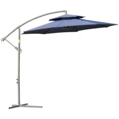 Outsunny 9' Offset Patio Umbrella With Base, Steel Hanging Cantilever Umbrella, 2-Tier Easy Tilt Polyester Shade, 8 Ribs, Crank, Cross Base, Dark Blue